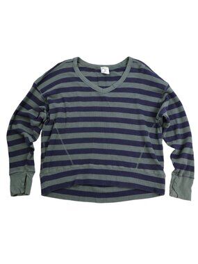 OFFLINE by Aerie Olive Green Blue Striped Waffle Knit Top Size Small